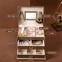 High Capacity Jewelry Box European Style 3 Layers Jewelry Organizer PU Leather Ring Necklace Makeup Holder Cases With Lock Women