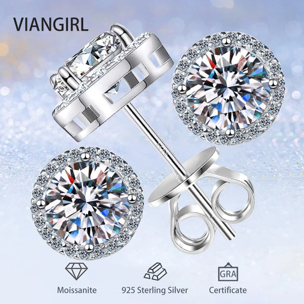 Round Moissanite Stud Earrings | S925 Sterling Silver D Color Lab-Created Diamond Earrings for Women & Men with Certificate