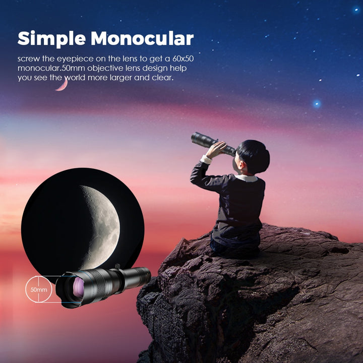 MAGILENS HD 60X Super Telephoto Zoom Monocular Telescope Lens with Extendable Tripod & Remote - Perfect for Detailed Nature & Sports Photography on Smartphones