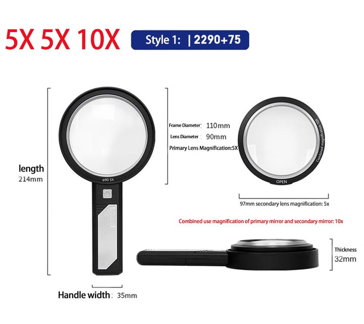 Lens Diameter 75mm 90mm 110mm Optical Hd Magnifying Glass Handheld